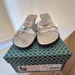 Nadia clear slip on sandal with low heel; Size 9